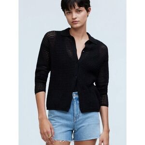 Madewell Open Knit Polo‎ Black Sweater Sz Medium Boho Mesh Button Down Cotton